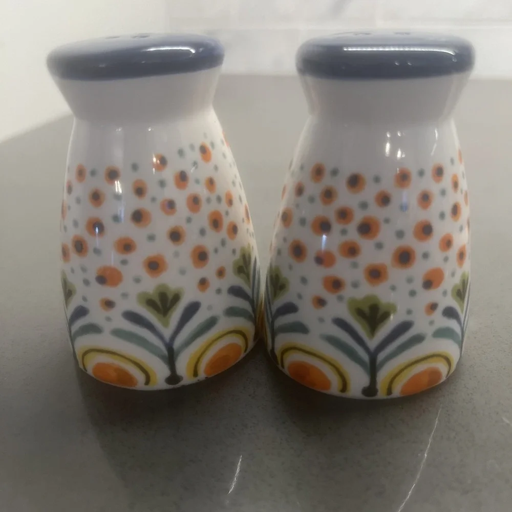 Retro Rainbow Salt Pepper Shakers Pottery Floral  MCM Vintage